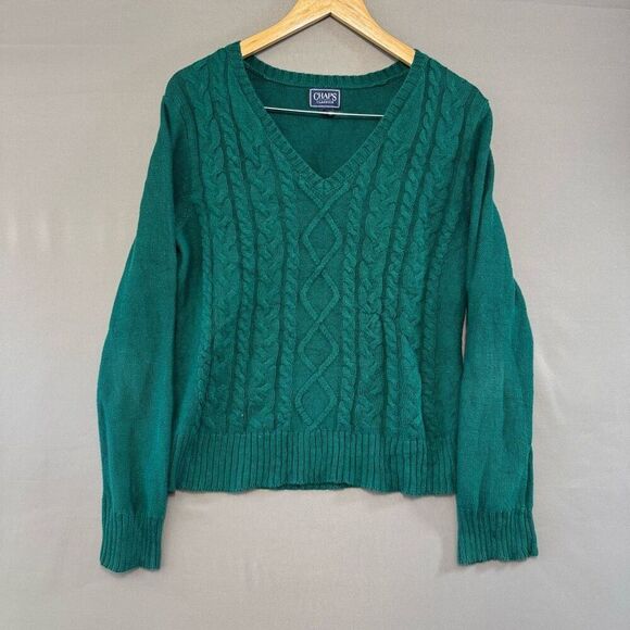 Chaps Ralph Lauren Women’s Green Cable Knit V-Neck Sweater Size XL Cotton Blend - Picture 1 of 9
